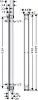 Technisches Diagramm eines Grundkörpers für eine Showerpipe von AXOR, mit Maßangaben und verschiedenen Ansichten.